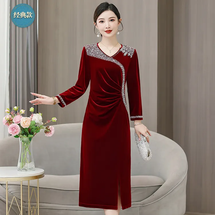 高档新款秋冬高端女款连衣裙高贵婚礼婚宴礼服修身显瘦气质长裙子