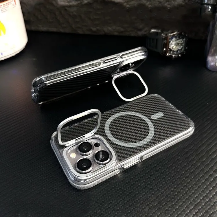 适用苹果16promax手机壳碳纤纹磁吸镜头支架磁吸苹果15防摔保护套