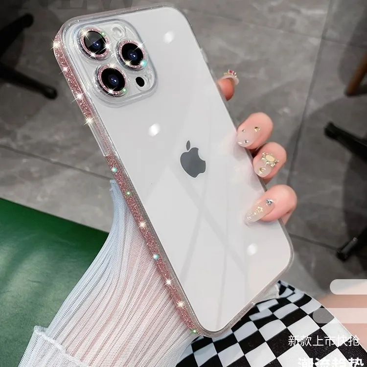 适用苹果16promax星河闪粉边玻璃手机壳苹果15pro玻璃潮流手机壳