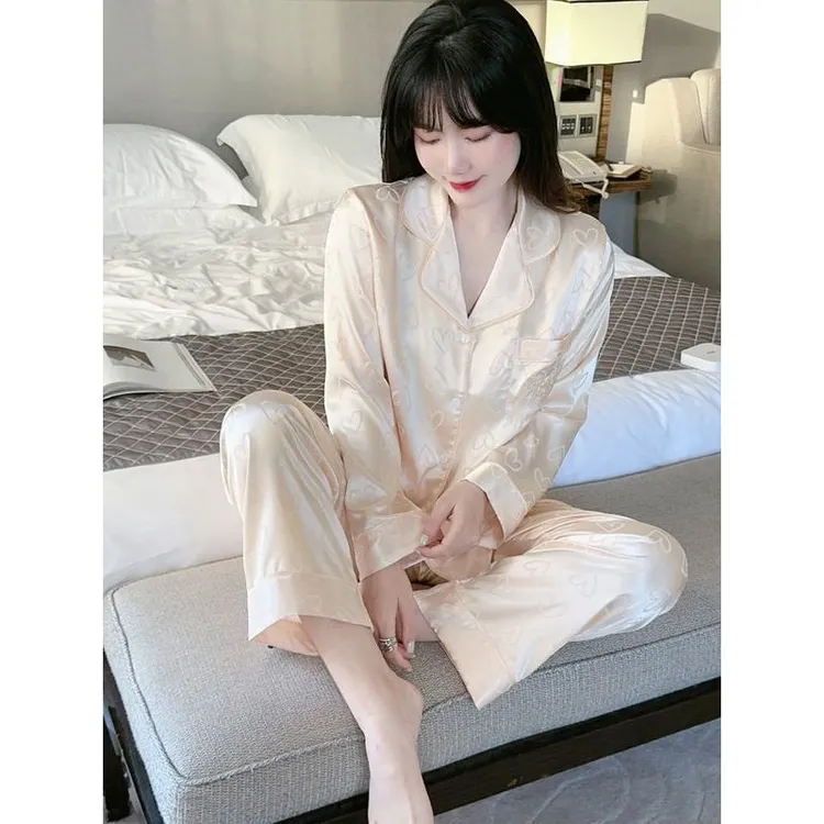 女春夏季冰丝长袖长裤甜美爱心高级感空调房薄款家居服套装潮时尚