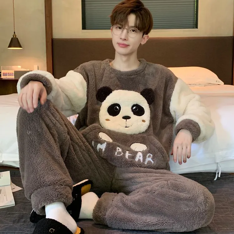 睡衣男秋冬季加厚珊瑚绒保暖青少年大码卡通法兰绒外穿家居服套装