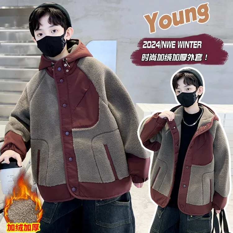 儿童加绒外套冬装6-12岁10加厚童装男孩秋冬款男童保暖棉衣中大童