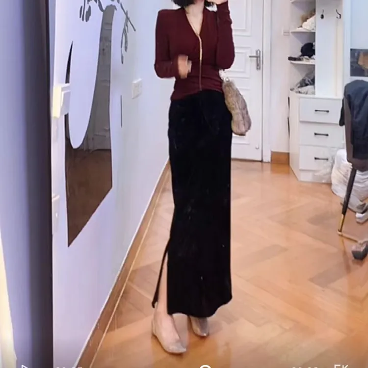 半身裙女款爆款2025新款雪绒丝绒半身裙直筒半身裙/鱼尾裙/后开衩