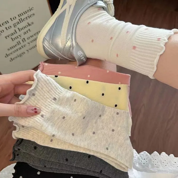 秋季新款袜子女中筒木耳边波点堆堆袜春秋中筒纯棉舒适月子袜长袜