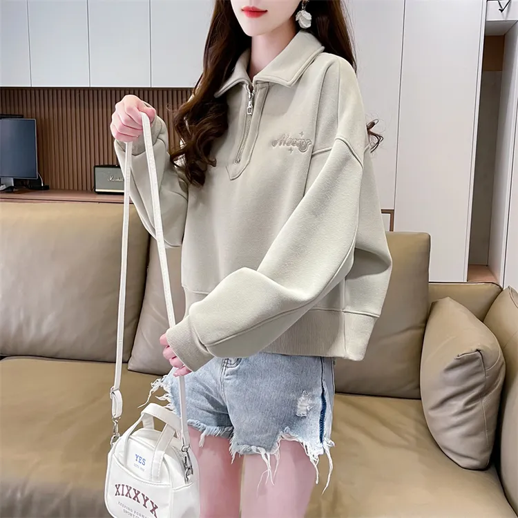 小个子短款polo领半拉链长袖卫衣女春秋薄款韩版宽松美式复古上衣