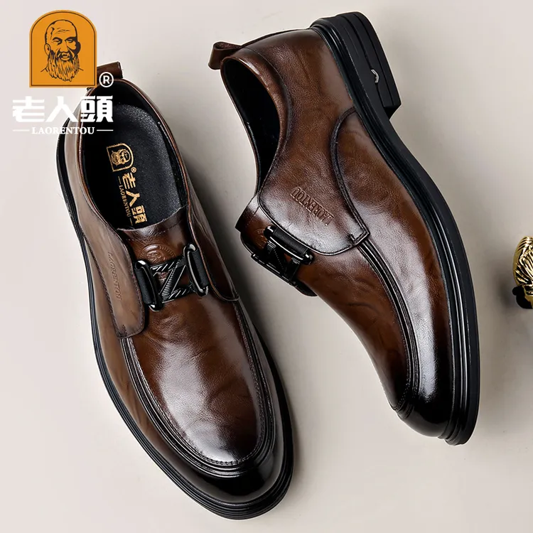 老人头男士商务正装休闲皮鞋男真皮头层牛皮一脚蹬男鞋子正宗牛皮