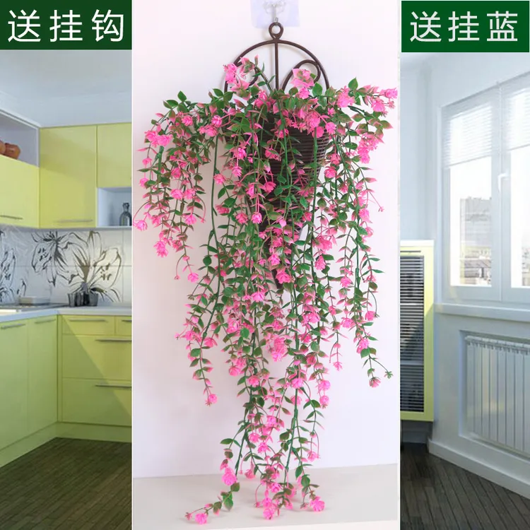 仿真挂墙植物藤蔓玫瑰花吊兰塑料装饰壁挂藤条客厅室内吊篮假花