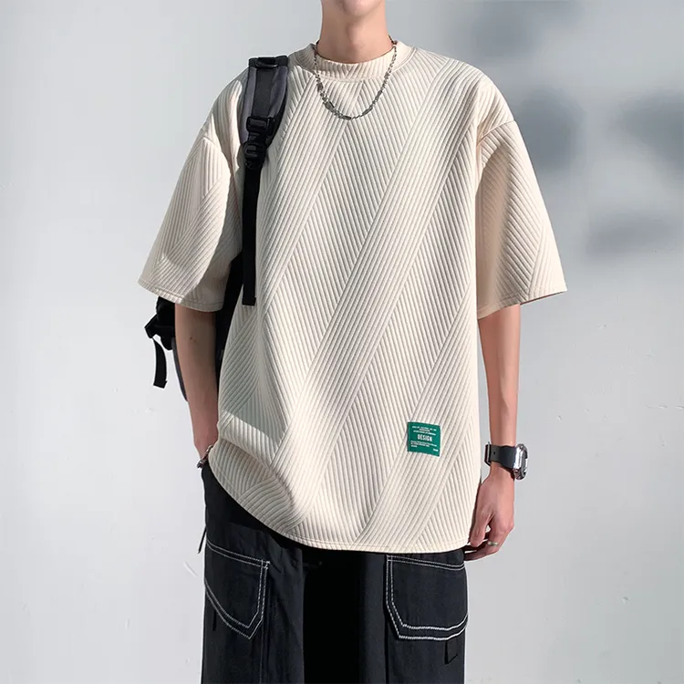 夏季潮流爆款斜纹提花短袖T恤男士高质量重磅宽松圆领休闲打底衫