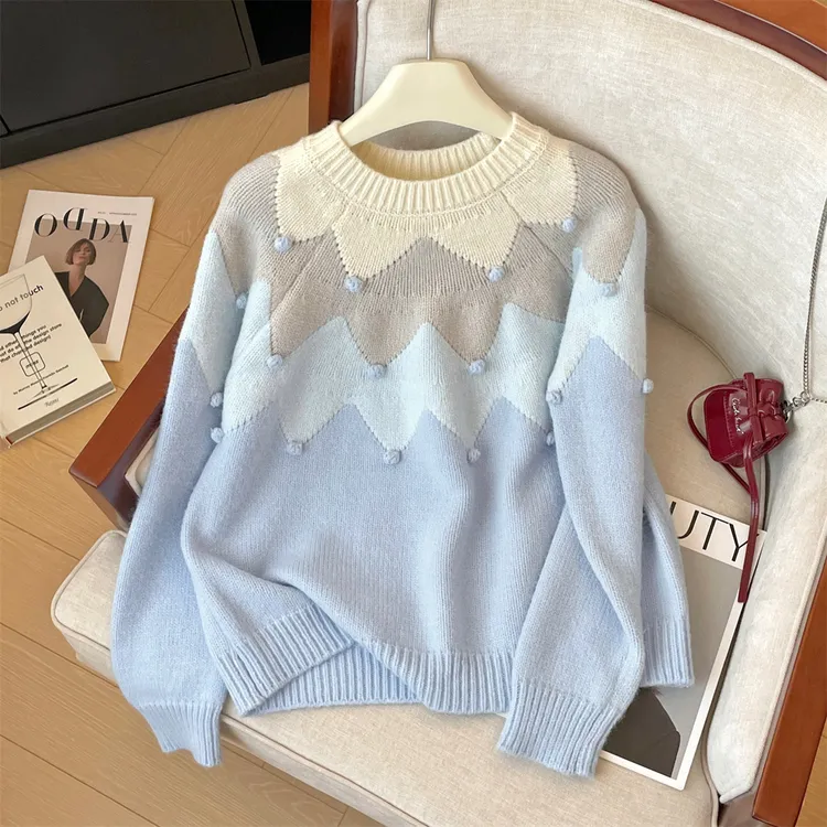 加厚温柔显白撞色圆领毛衣女秋冬季新款甜美气质软糯舒适外穿上衣