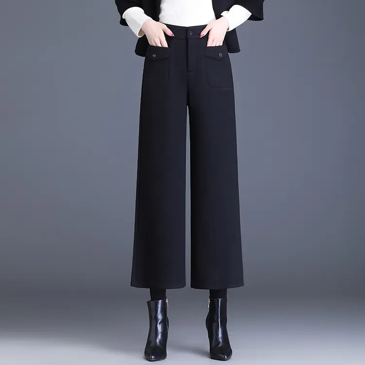 高端羊毛呢八分阔腿裤女士高腰秋冬季加厚小个子宽松直筒靴裤大码