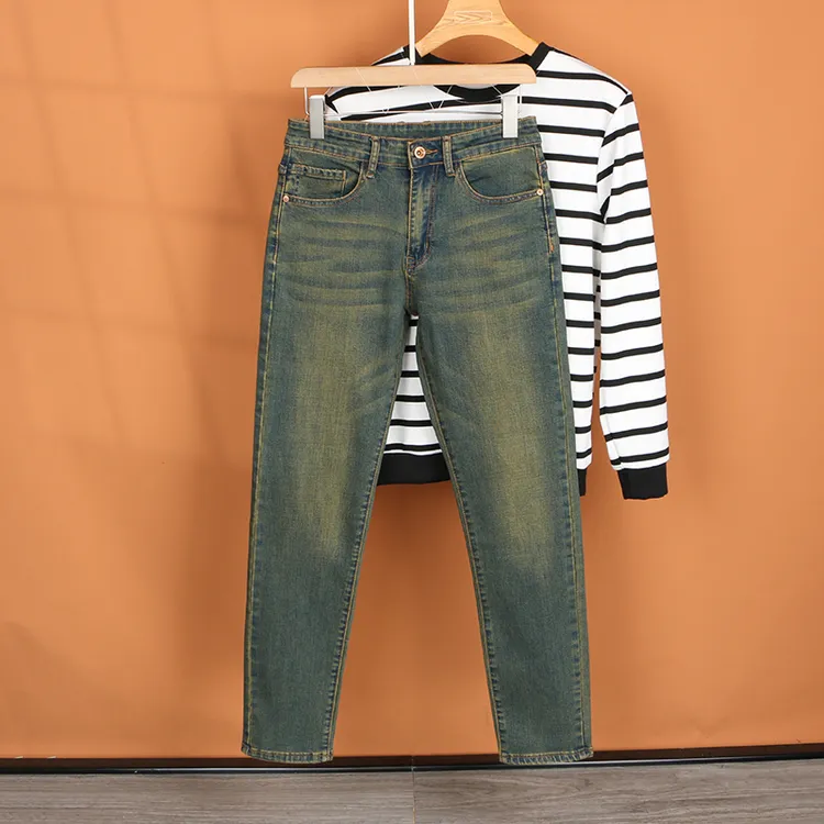 美式复古牛仔裤男宽松直筒水洗秋冬加绒裤子男士黄泥染做旧休闲裤