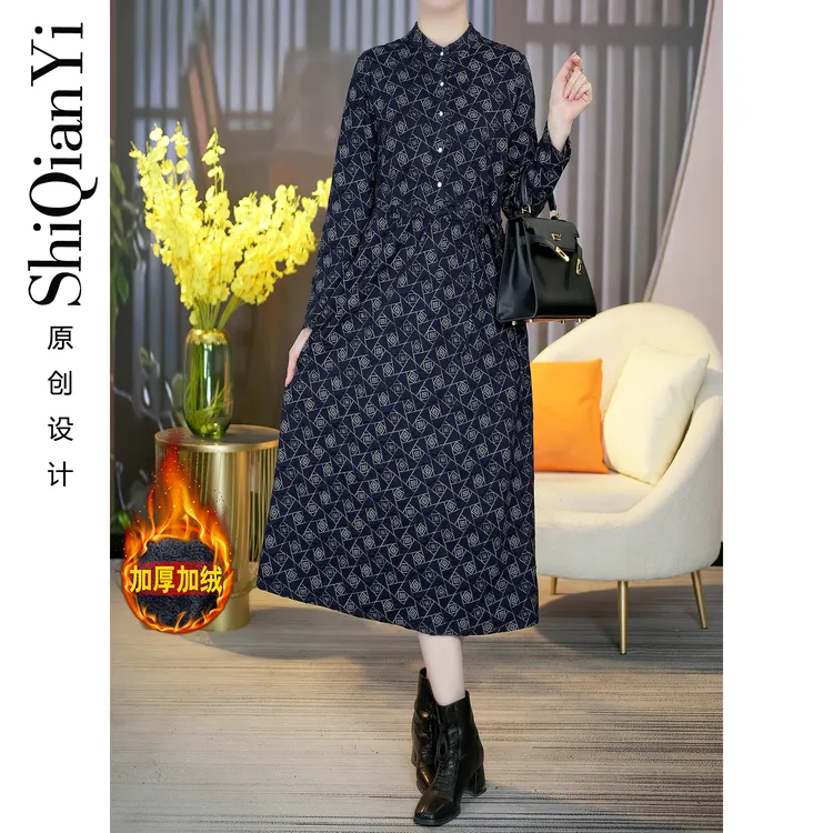 【诗千逸定制】加厚保暖大码复古设计感气质秋冬连衣裙A1108
