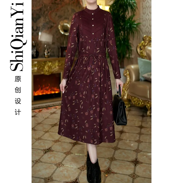 【诗千逸定制-红叶】2024秋冬保暖气质百搭阔太太长袖连衣裙A1361