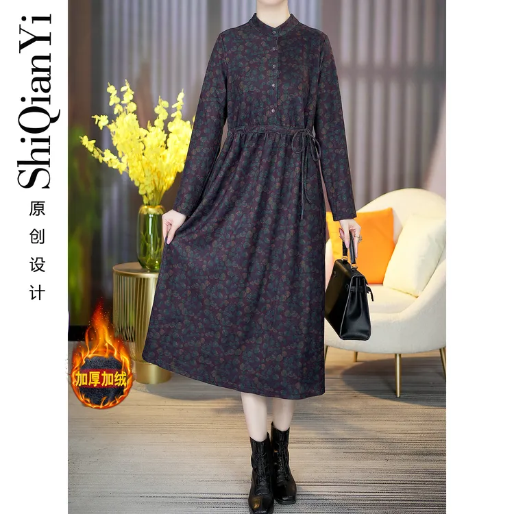 【诗千逸定制】加厚加绒气质抽绳碎花设计时尚A1103宽松连衣裙
