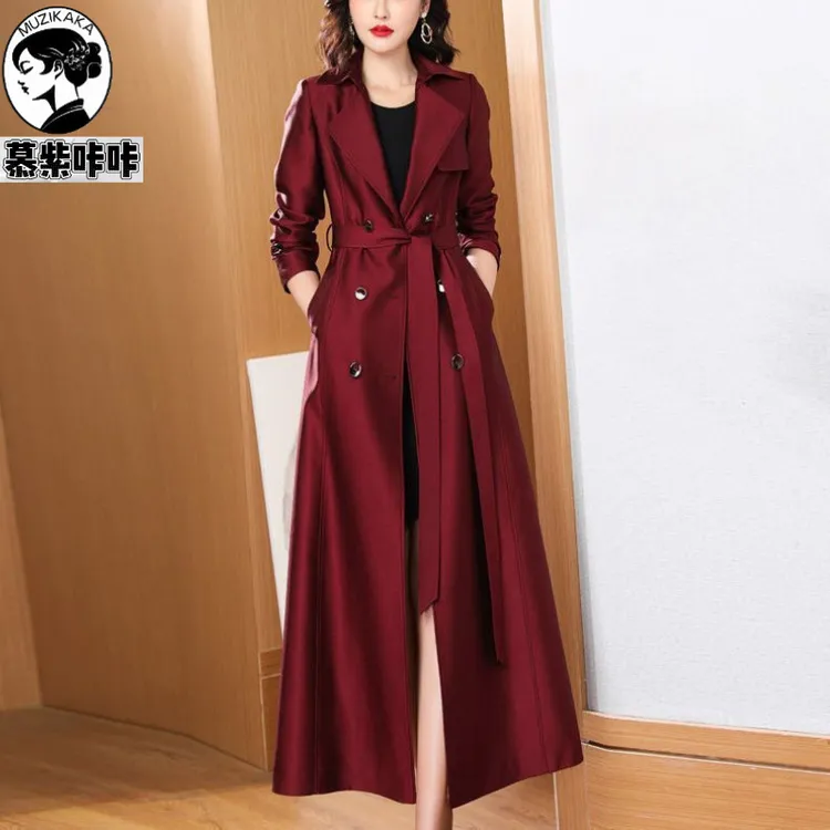 慕紫咔咔风衣春秋女修身年新款感流行外套长款过膝大衣酒红色新款