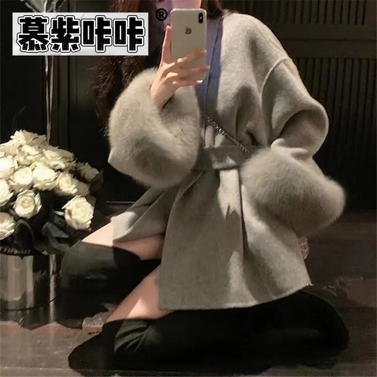 慕紫咔咔新款双面羊毛大衣女狐狸毛皮草感浴袍斗篷名媛