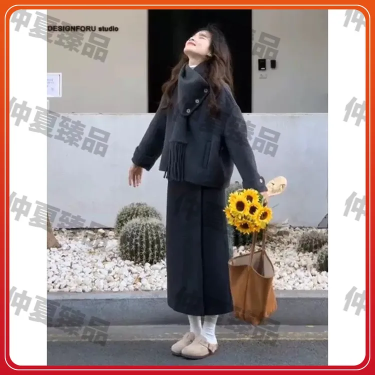 韩系搭配一整套冬装灰色毛呢外套高级感小香风半身裙两件套裙装女