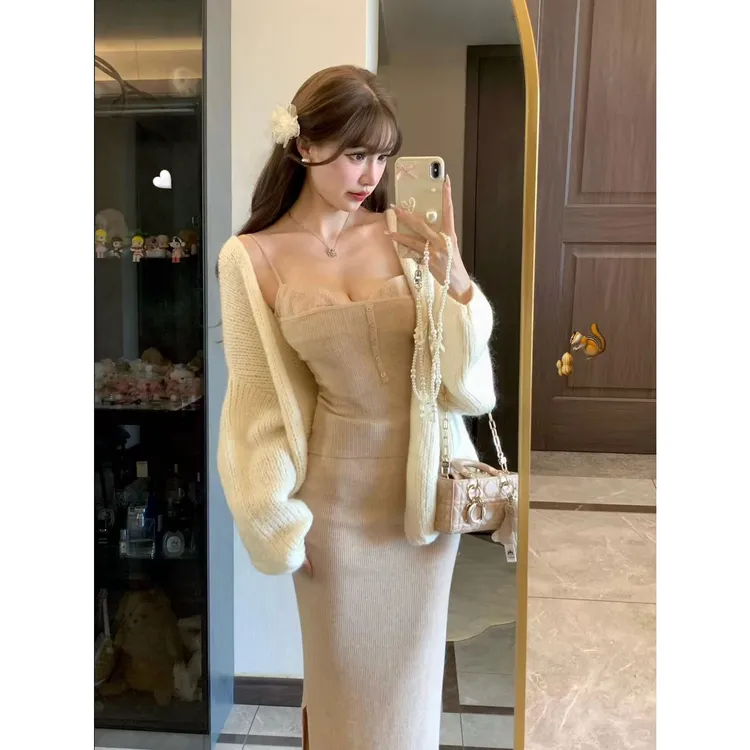 温柔风独特绝美小套装慵懒风毛衣针织吊带半身裙子一整套入秋穿搭