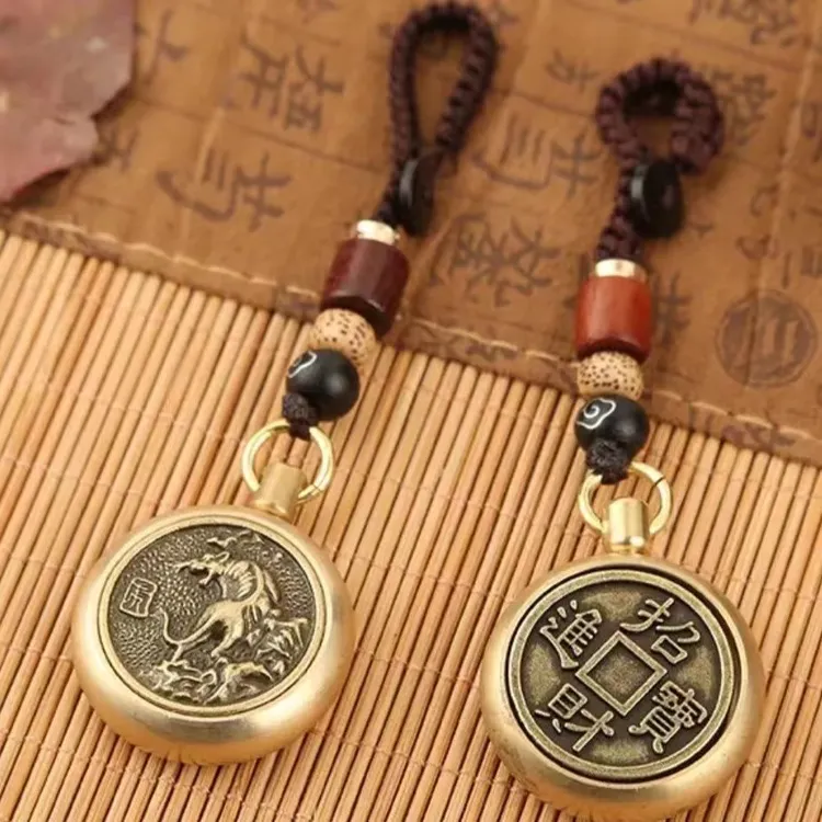 十二生肖黄铜转钱汽车钥匙扣本命年复古手工编织挂饰男女钥匙链