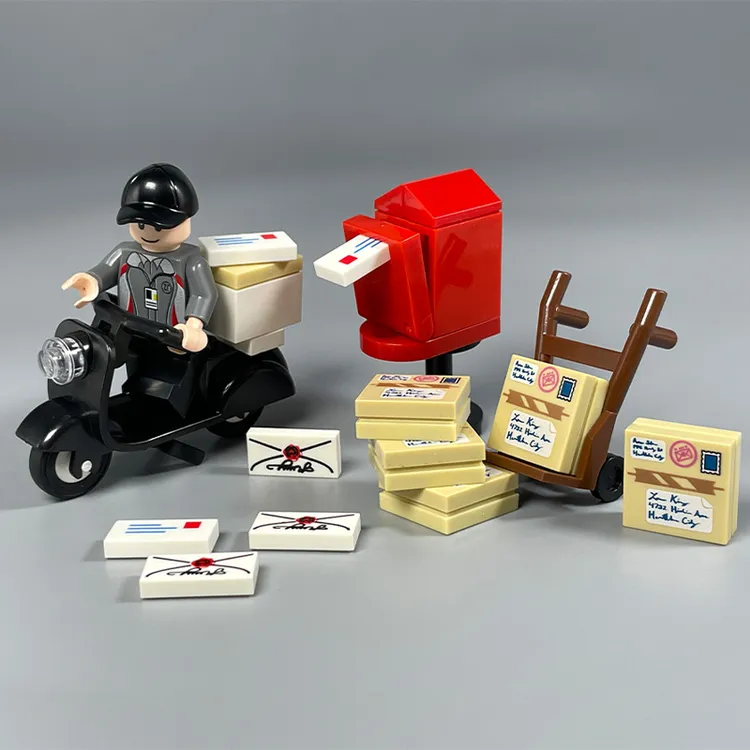 MOC小颗粒积木玩具红色邮箱信箱邮递员快递小哥送包裹DIY城市街景