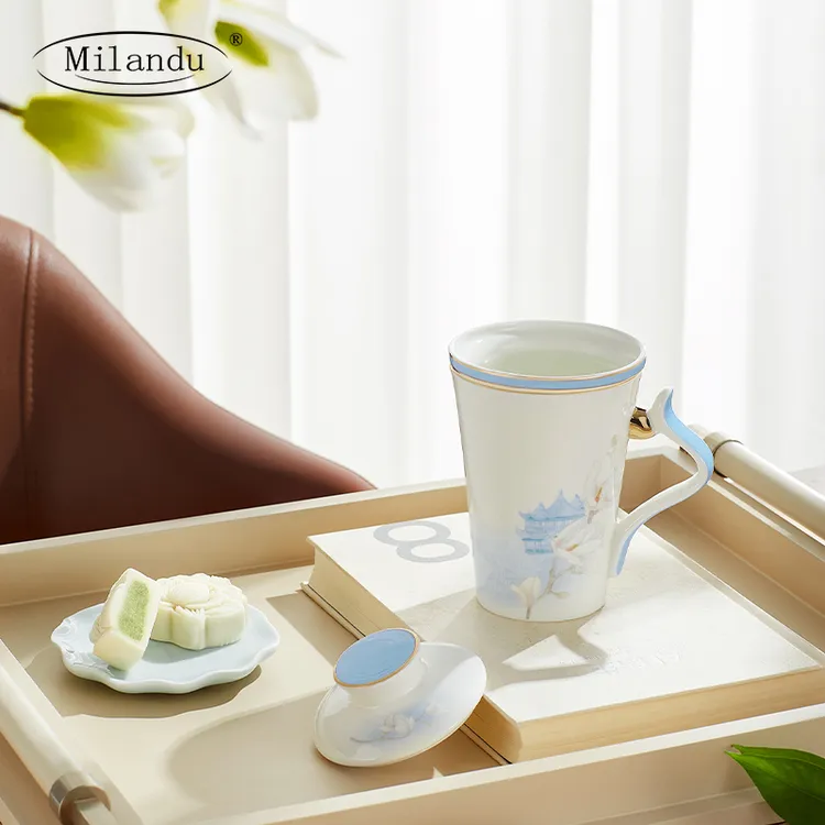 Milandu/米兰度 玉兰系列骨质瓷高级家用送礼茶水分离盖杯3件套