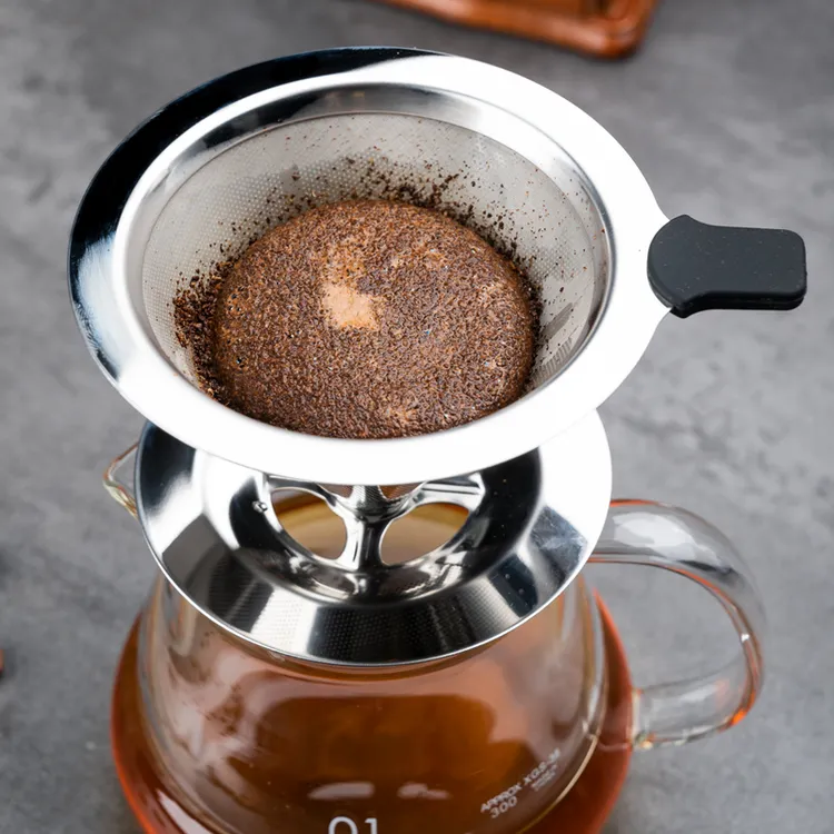 手冲锥形不锈钢过滤网超细漏斗过滤杯家用免滤纸带底座过滤器支架