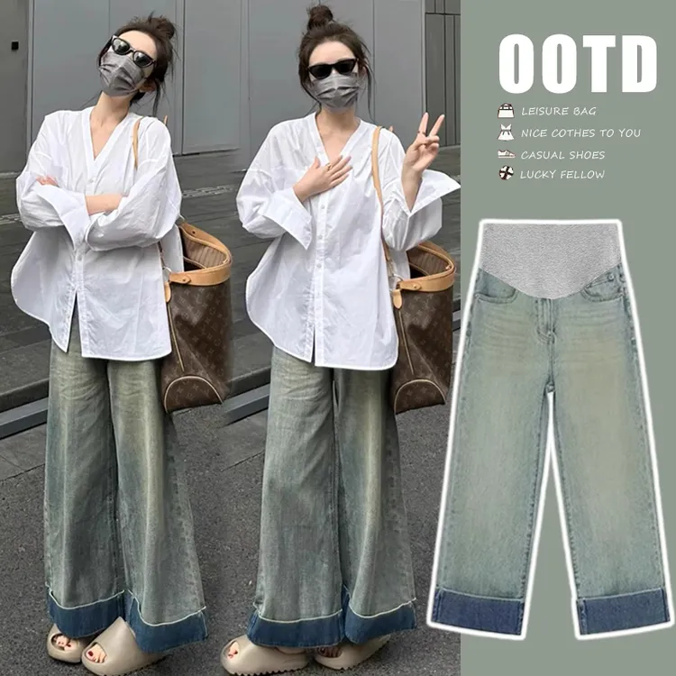 2025年外穿韩版宽松显瘦遮肉大码衬衫+复古蓝牛仔裤春秋时尚秋季