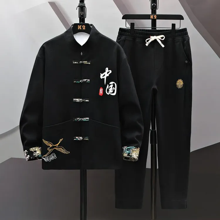 中国风套装男春秋款中式唐装外套宽松大码男士夹克改良汉服中山装