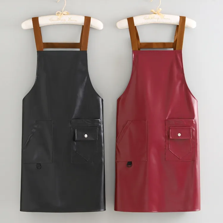 新款皮革围裙高档免洗PU皮厨房家用餐饮专用防水防油成人工作服女