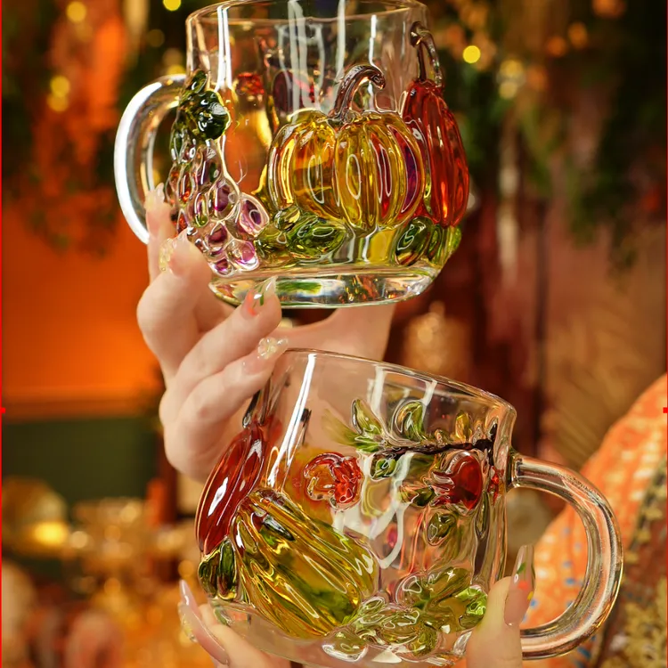 榴莲猫[泡沫装]3D立体手工南瓜杯彩绘玻璃杯耐热无铅水晶喝水杯