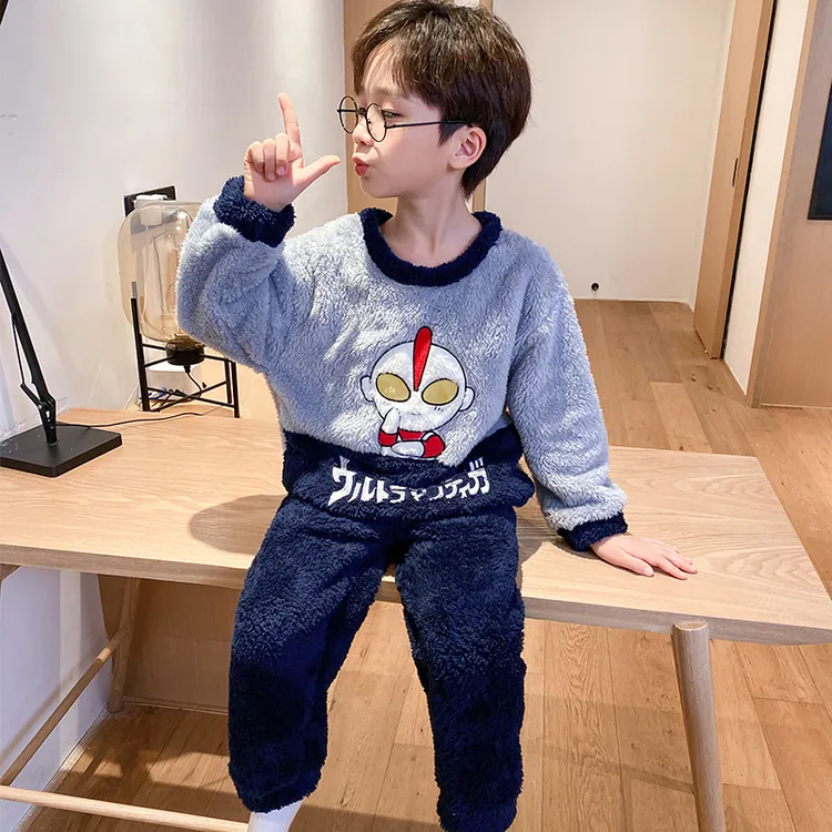 法兰绒秋冬款儿童睡衣长毛绒卡通圆领男童宝宝套装加绒加厚家居服