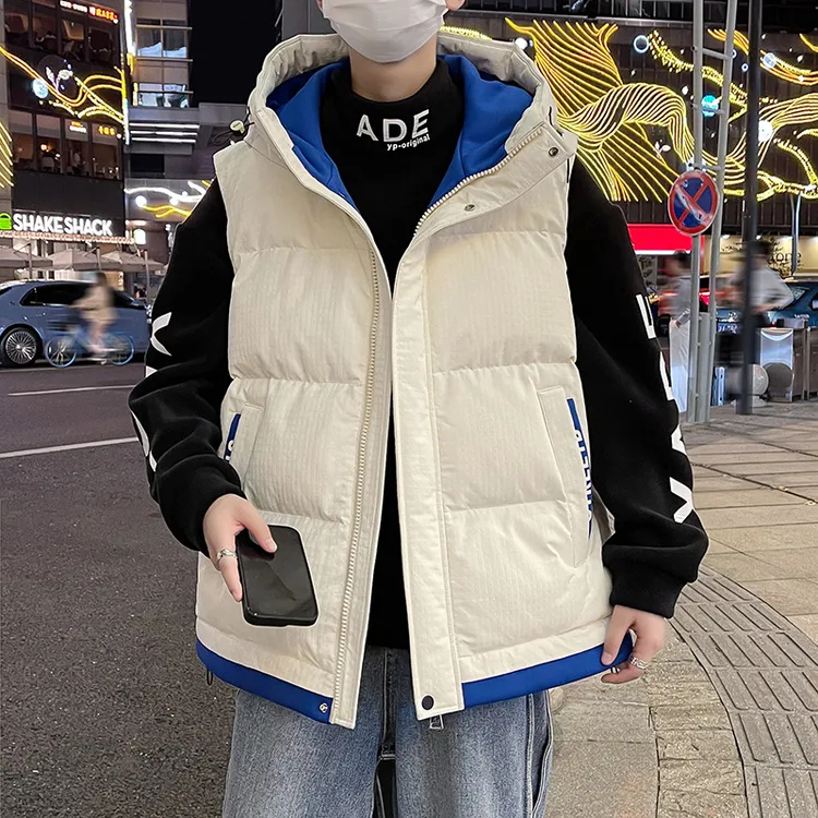 秋冬季青少年简约百搭潮流纯色马甲保暖加厚棉衣无袖连帽夹克外套