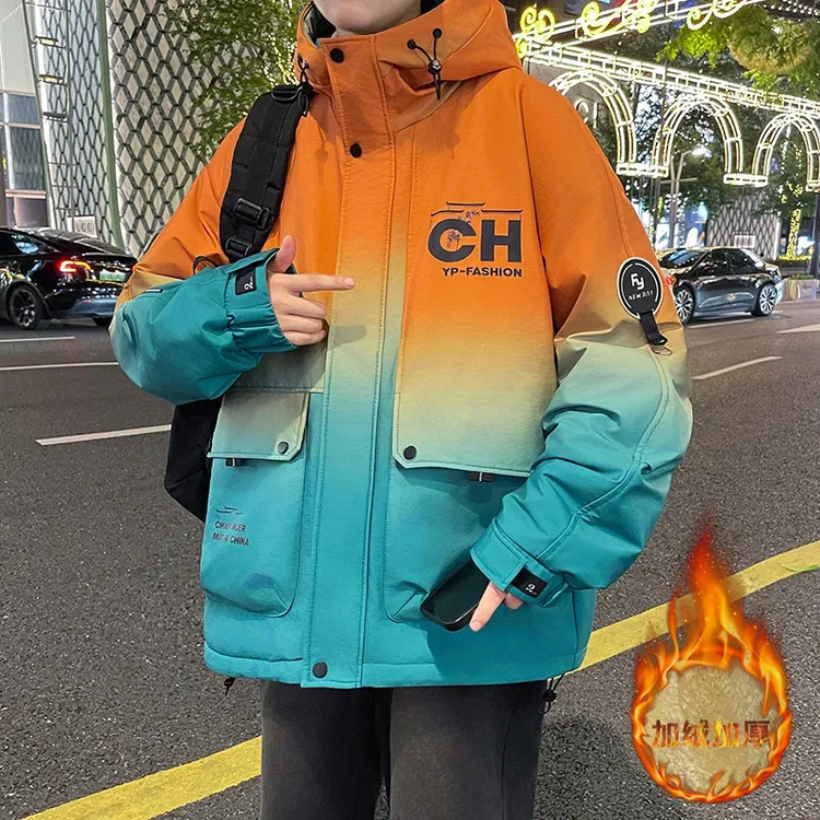 秋冬季新款港风加绒加厚渐变系连帽夹克帅气潮流保暖夹克百搭外套