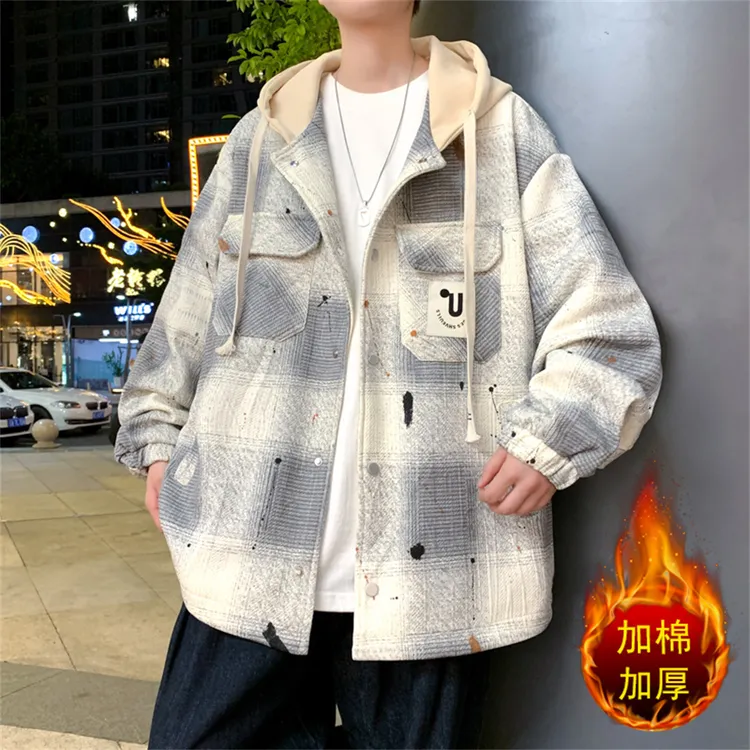 新款连帽拼接格子夹克学生青少年春秋外套帅气宽松休闲百搭上衣