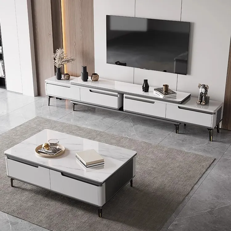 全实木圆形电视柜组合现代简约客厅家用长方形可伸缩轻奢岩板地柜