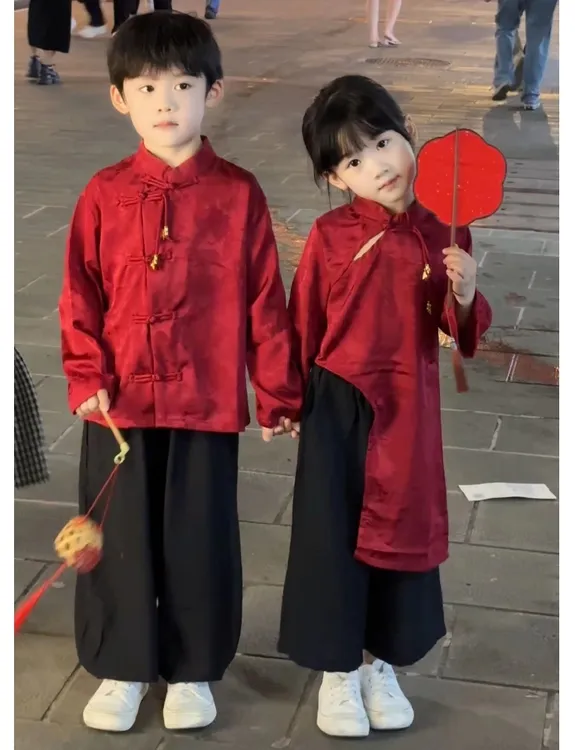 2024秋季新品新中式国风盘扣套装时尚款舒适洋气男女童两件套男童