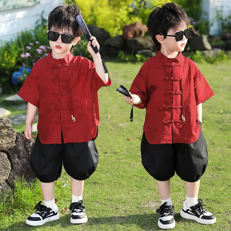 2025夏季新品新中式【红墙摇清影】中国风儿童时尚帅气舒适国风套装