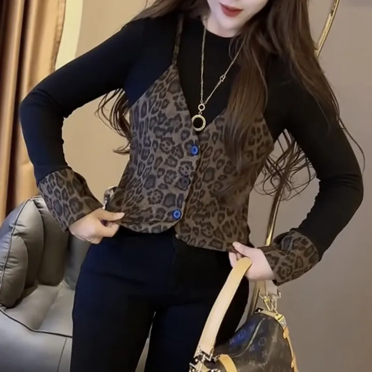 4759时尚气质豹纹马夹拼接圆领长袖打底衫假两件设计上衣女