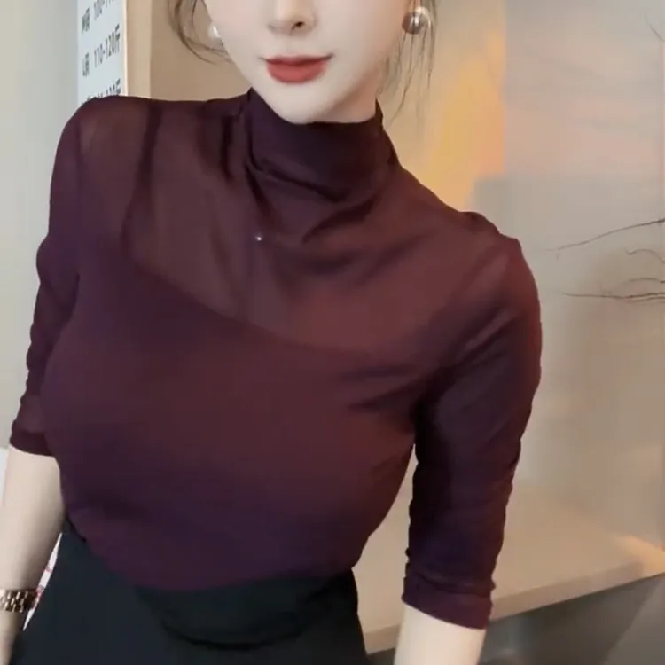 4526半高领性感中袖微透网纱纯色气质小衫女打底衫百搭时尚网红