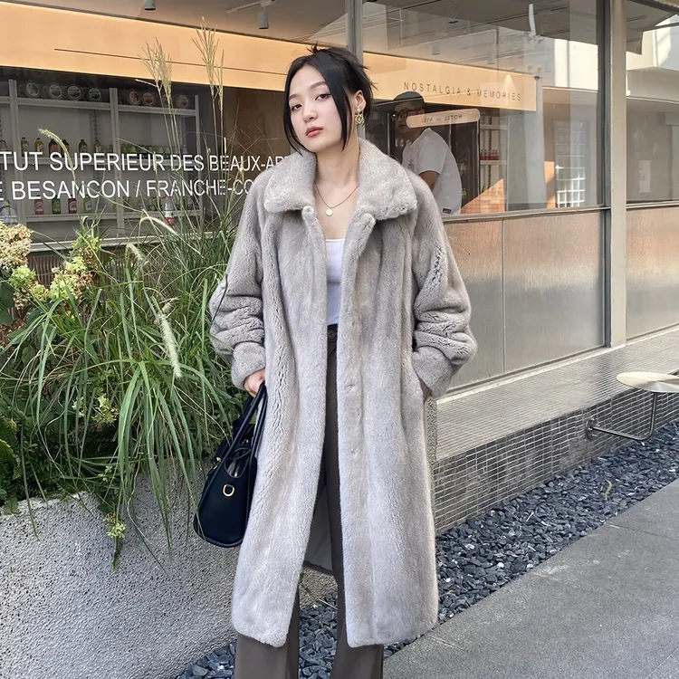 【东方雪宝】进口天鹅绒翻领貂皮大衣女整貂水貂方领中长款皮草外套