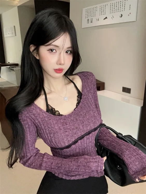 法式蕾丝设计拼接长袖女秋辣妹假两件性感上衣套装+百搭修身裙裤