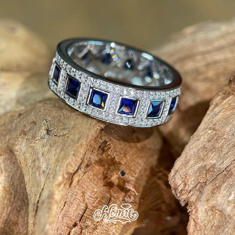 925银莫桑石戒指 HOMIE 方形蓝宝排钻戒轻奢百搭秋冬新品满钻时尚