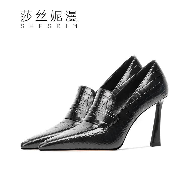 时尚粗跟高跟鞋女2024秋冬新款真皮尖头深口单鞋百搭黑色职业女鞋