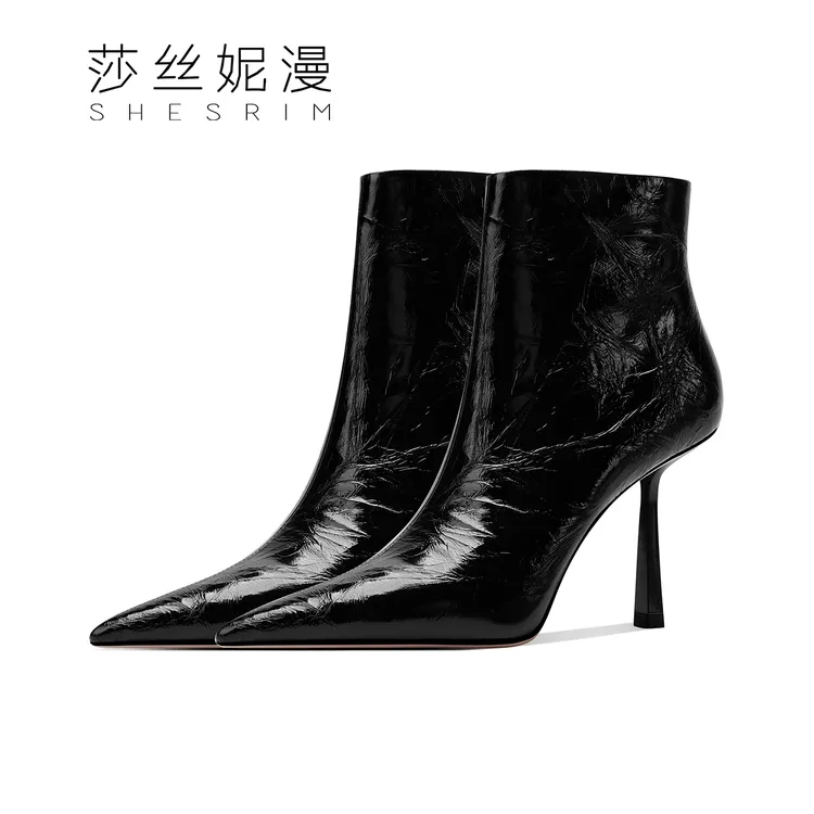 【森寒冬港】秋冬上新时装短靴银色抓皱系列尖头细高跟女士气质短靴