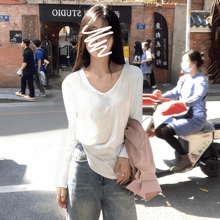 古梵沃大领口宽松显瘦内搭U领t恤女长袖有弹秋季纯色上衣打底衫