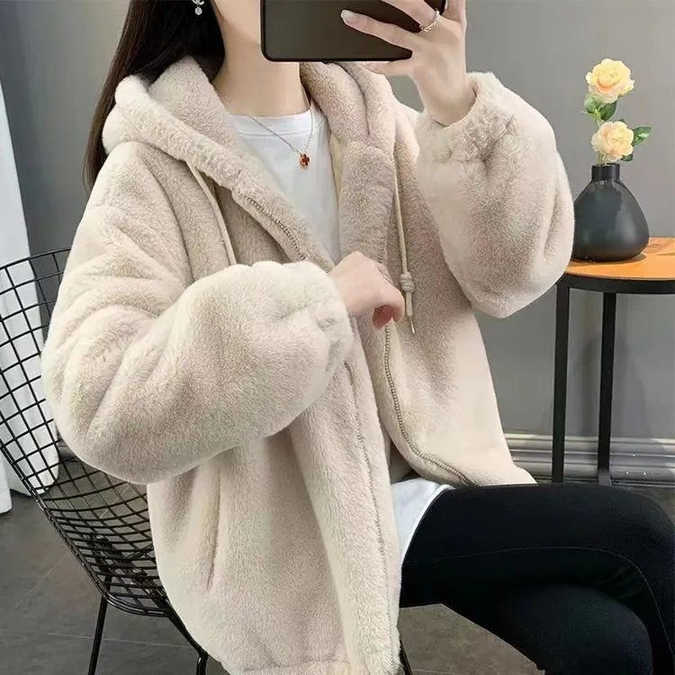 海宁毛毛外套【升级加厚】专柜现货毛绒绒外套保暖棉服上衣连帽 