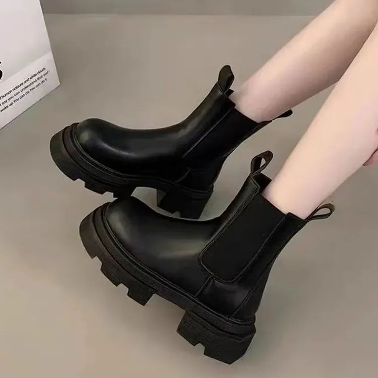 英伦风厚底马丁靴女2024秋冬新款粗跟烟筒靴切尔西靴短靴子女ins