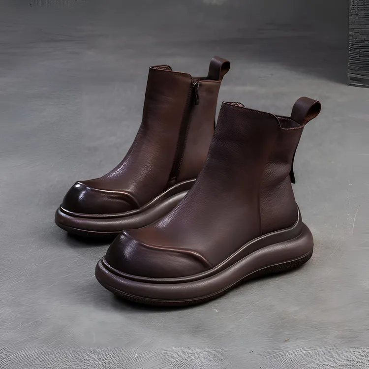 头层牛皮女靴坡跟单靴2024秋冬新款真皮百搭侧拉链厚底短靴马丁靴