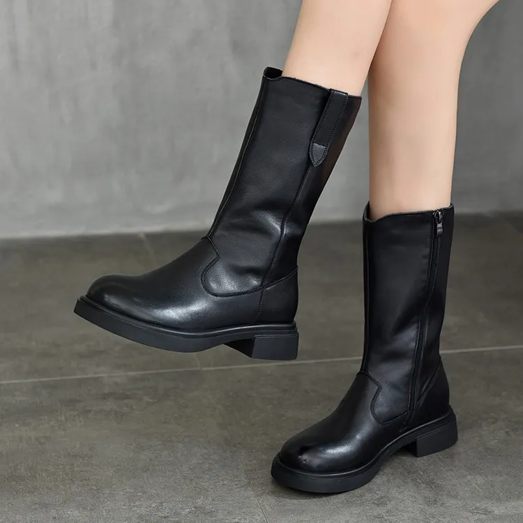 头层牛皮中筒靴中跟加绒女棉靴真皮高靴侧拉链骑士靴2025秋冬新款