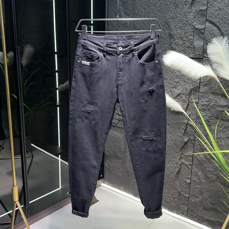 6309秋季新款黑色弹力破洞牛仔裤男修身小脚设计时尚百搭休闲长裤